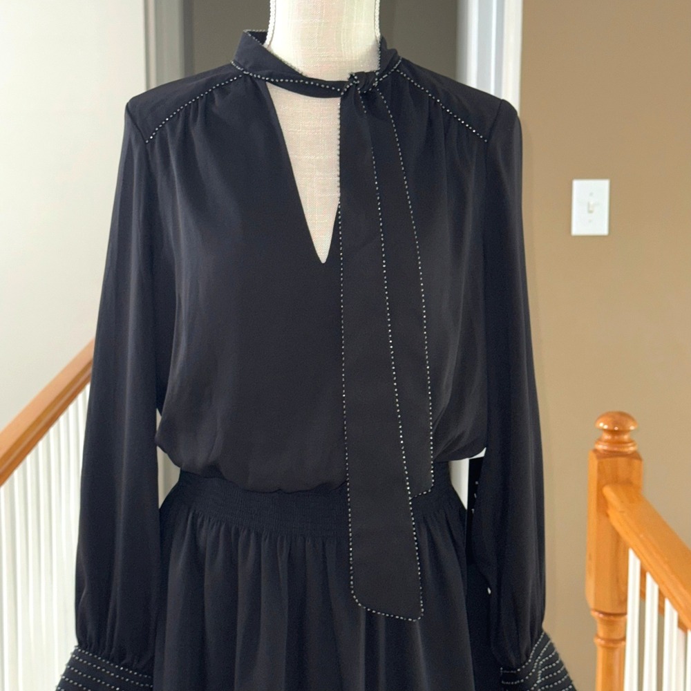 White House Black Market Beaded Smocked Blouson Dress Black MP
